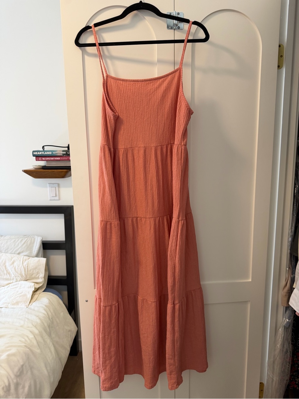 Zara Coral Tiered Midi Dress with Spaghetti Straps